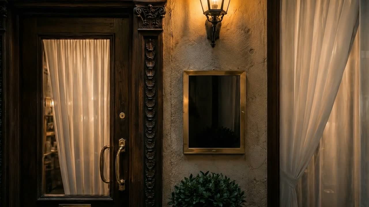 A brass-framed directory beside a warmly lit doorway